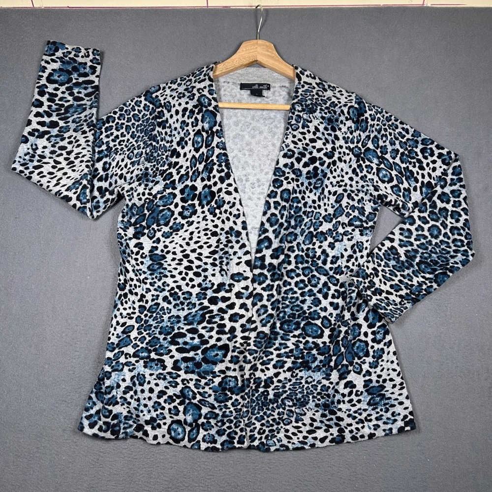 Willi Smith Cardigan Women XL Blue Leopard Print Open Front Cotton Blend Knit